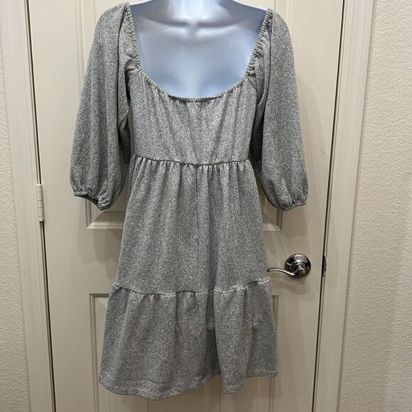 Max & Ash Gray Dress Sz Small Baby Doll Neck 3/4 Sleeve On Off Shoulder Mini - Picture 7 of 11